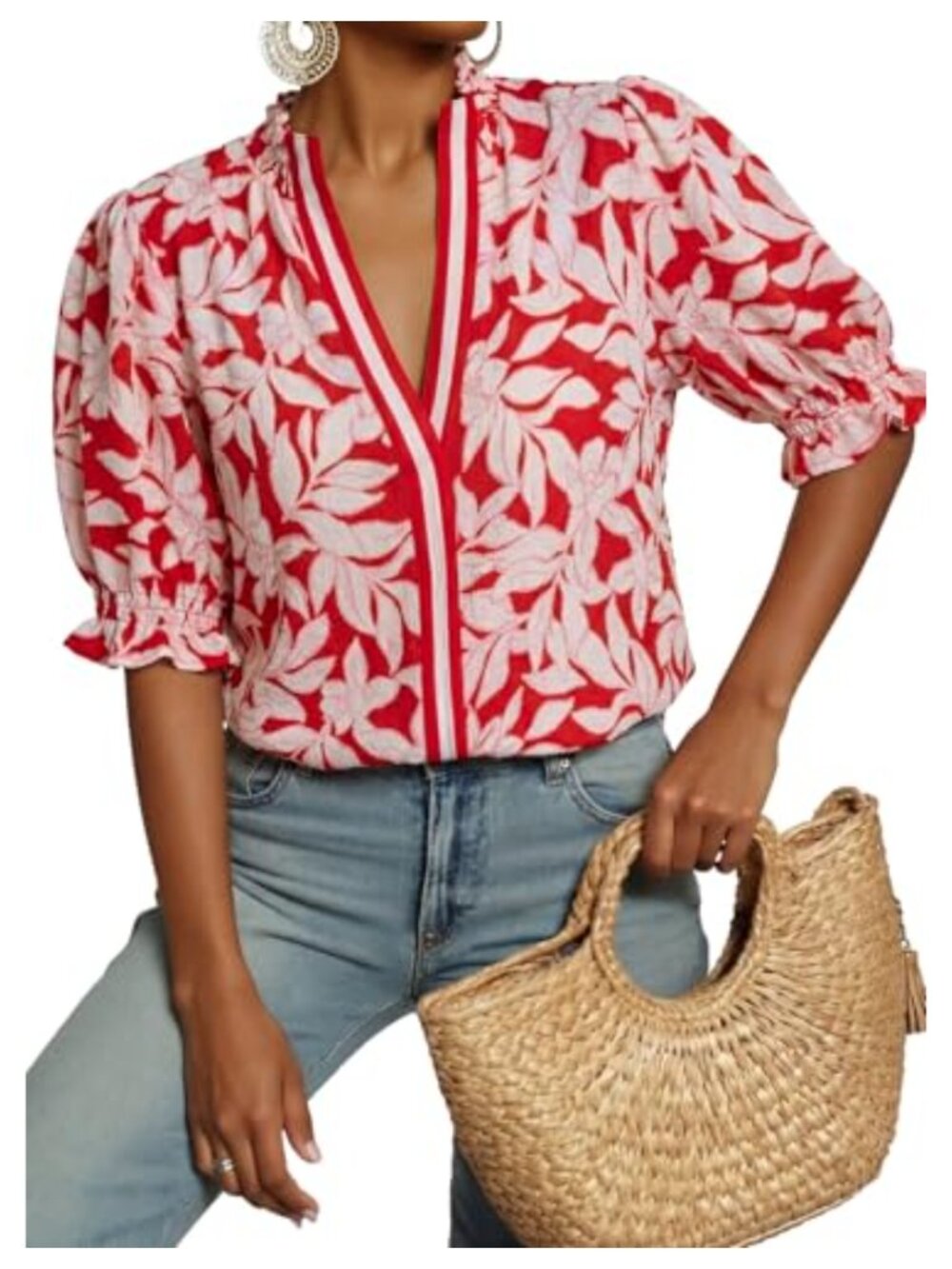 Women's Boho Floral V Neck Ruffle Puff Short Sleeve Blouse